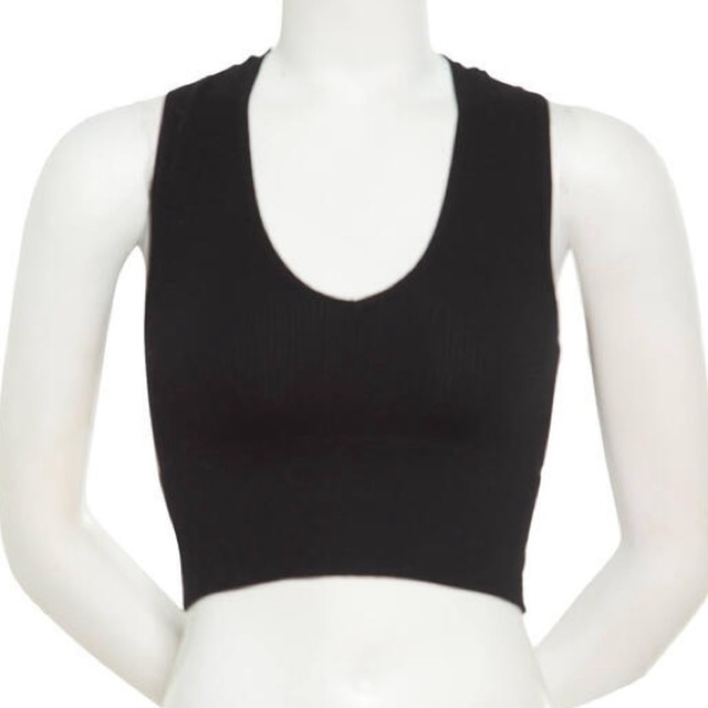 Poof! Black Ribbed Crop Tank Seamless V Neck Fitted Top Large - Picture 1 of 5